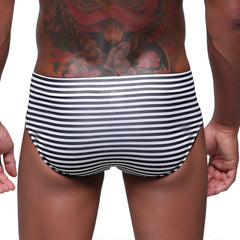 Metro male wear stripe swim brief black 4928-03 black and white striped snug fit men’s swim trunks front view