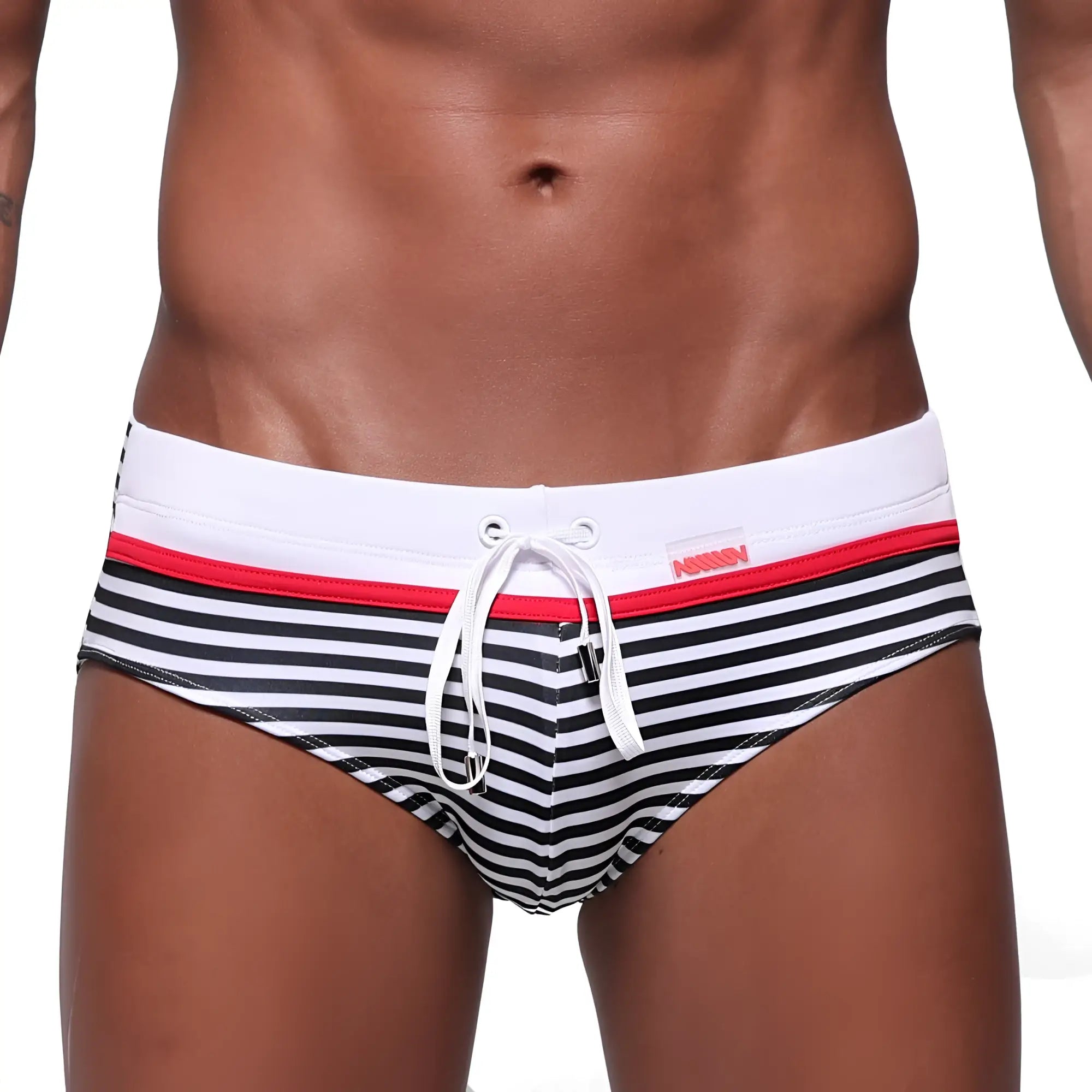 MetroMaleWear stripe swim brief white 4928-02 black and white striped trunks with red accent and white drawstring waistband