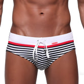 MetroMaleWear stripe swim brief white 4928-02 black and white striped trunks with red accent and white drawstring waistband