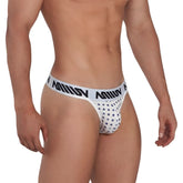 White mens briefs with navy blue star pattern and miiow logo waistband from metromalewear stripe thong 2502-92 collection