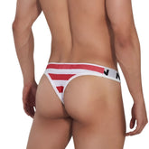 MetroMaleWear stripe thong 2502-92 with white and red stripes and black logo on waistband front view