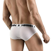 MetroMaleWear Suena brief white mesh fabric with a black logo band for comfortable everyday wear