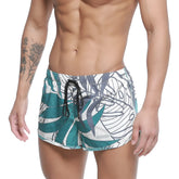 MetroMaleWear summer swim shorts meadow 4988-09 teal and white tropical leaf pattern with black drawstring waistband