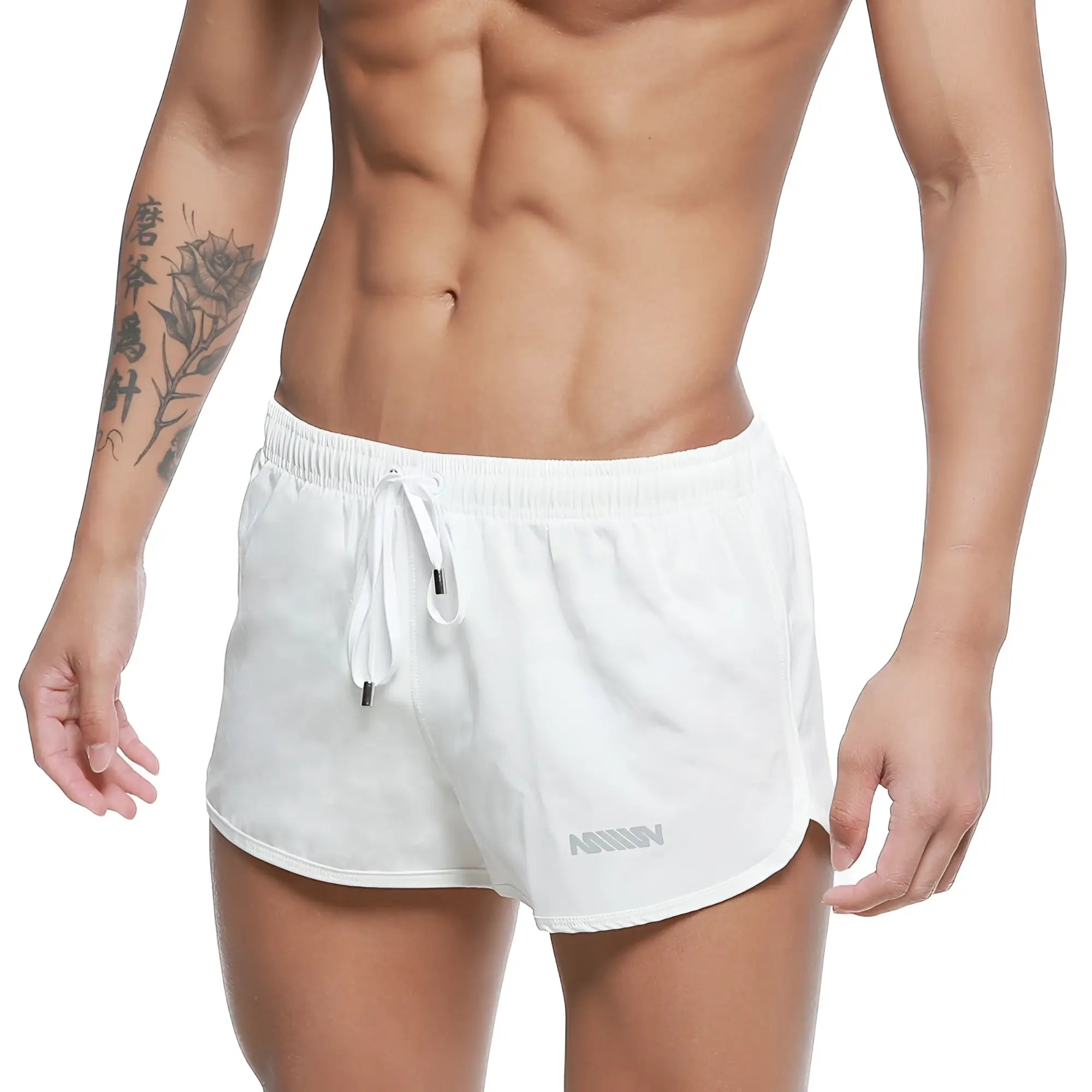 MetroMaleWear summer swim shorts white with drawstring waistband and subtle gray logo on lower left leg