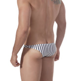 Striped metro male wear sunbathing bikini briefs in white and navy blue designed for comfort and style