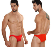 Vibrant red MetroMaleWear sunbathing bikini briefs with sleek form-fitting design and subtle logo on waistband