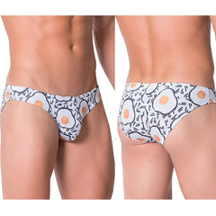 White briefs by MetroMaleWear featuring a playful fried egg pattern with black outlines and orange yolks