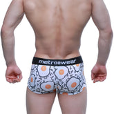 White boxer briefs by MetroMaleWear featuring playful fried egg patterns and a black metroewear waistband