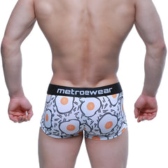 White boxer briefs by MetroMaleWear featuring playful fried egg patterns and a black metroewear waistband
