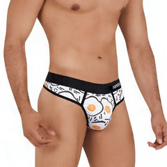 Metro male wear sunny side thong 5012-41 white briefs with black waistband and orange black cartoon fried egg pattern