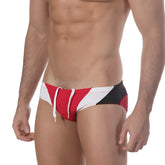 Metro Male Wear sunrise bikini red 4919-12 swim trunks with red white and black stripes and drawstring waistband