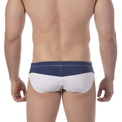 Navy and white two-tone swim trunks by metromalewear with a sleek modern design for comfortable beachwear