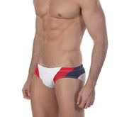 MetroMaleWear sunrise bikini white 4919-00 swim trunks with red white navy blue stripes and modern geometric design