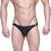 Black sleek form-fitting briefs with subtle white logo on waistband metroMalewear sup bikini black 3604-20