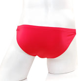 MetroMaleWear SUP bikini valentine red swim trunks with bright red smooth texture displayed on a mannequin