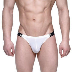 White thong bikini from MetroMaleWear SUP featuring a black elastic waistband with repeating logo pattern