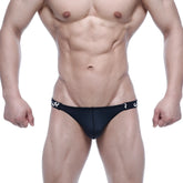 Black mesh metro malewear sup jock strap with white sup logo on waistband model 3601-20 front view