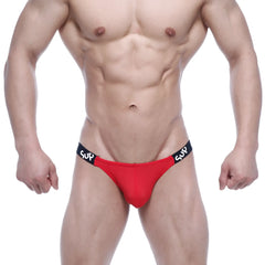 Red metro male wear athletic briefs with black waistband and white sup branding for active support and comfort