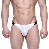 White thong with black elastic waistband featuring repeating MetroMaleWear logo pattern in style 3602-00