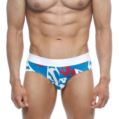 MetroMaleWear super hero hip brief 5003-99 in blue and red graffiti pattern with white waistband for stylish comfort