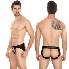 Black leather-trimmed mens briefs with patterned front panel from metromalewear super jock strap mesh 2001-71