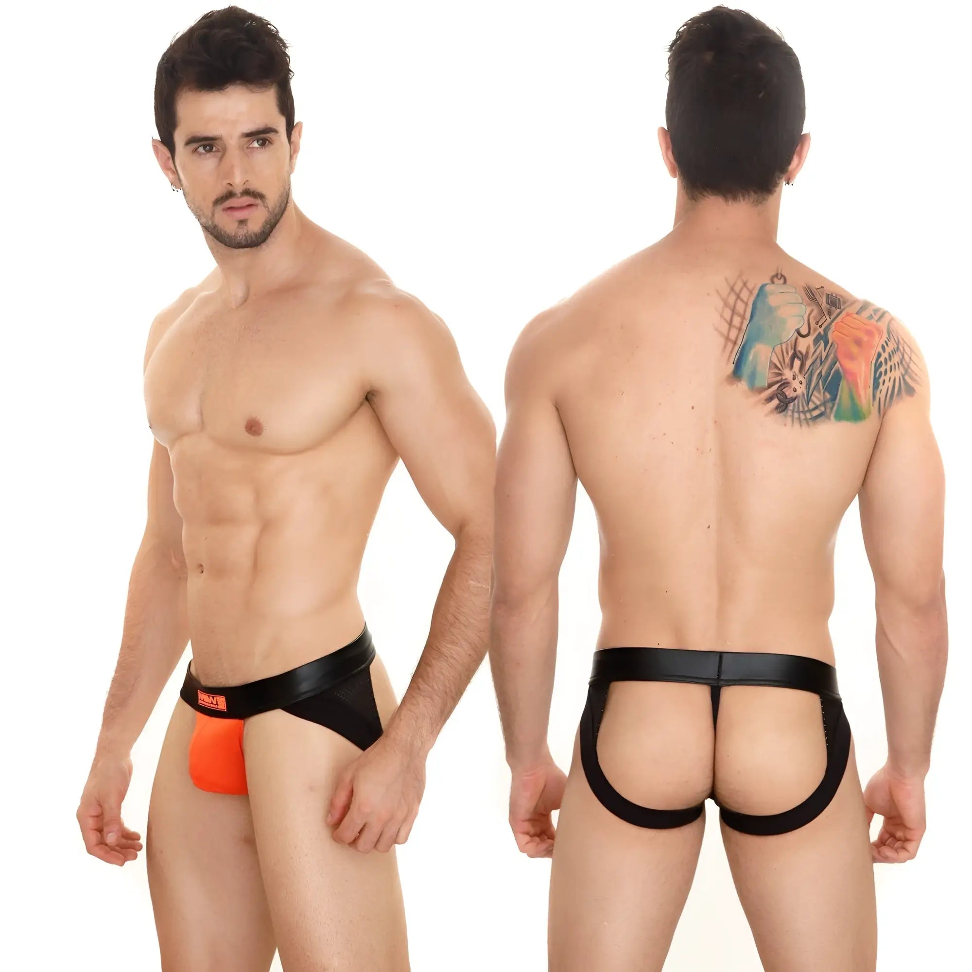 Black and orange metroMalewear super jock strap thong with black elastic waistband and brand logo visible