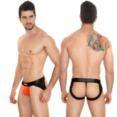 Black and orange metroMalewear super jock strap thong with black elastic waistband and brand logo visible