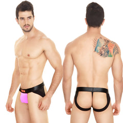 Black and pink metro male wear super jock strap briefs with black elastic waistband and orange logo front view