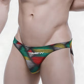 M2w mens briefs with vibrant red green yellow and black geometric pattern and thin white lines super lowrise bikini style