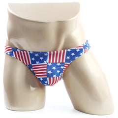 MetroMaleWear super lowrise bikini swim trunks with American flag patchwork design featuring red white and blue stripes and stars