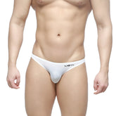 White m2w brand metro malewear super lowrise bikini thong in white with minimalist design and smooth fabric
