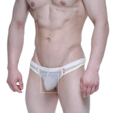 White sheer mesh briefs with a red brand tag on the waistband metroMaleWear super lowrise thong nude 6109-02
