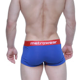 Blue metrowear boxer briefs with a red waistband featuring white lettering from the MetroMaleWear Superman Trunk 6123-18 collection