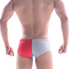 MetroMalewear surf swim boxer red 4908-12 showing back side with red and white two-tone design and blue accent