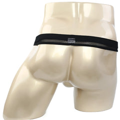 MetroMalewear suspensory black mesh briefs with solid black elastic waistband front view