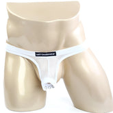 White mesh thong with black metromalewear label on waistband from metromalewear suspensory collection