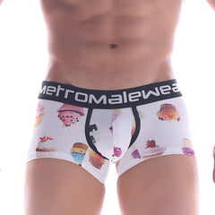 White men’s briefs with colorful cupcake print and black metromalewear branded waistband metro male wear sweet cake short boxer