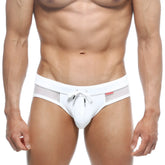 White swim trunks with mesh side panels and drawstring waistband from MetroMaleWear swim brief avalanche 4953-00