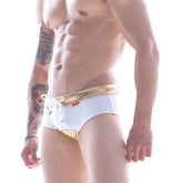 MetroMaleWear swim brief golden dome 4914-71 white trunks with gold mesh waistband and leg openings with white drawstring tie