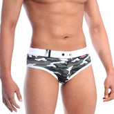 MetroMaleWear swim brief green camo with green and white camouflage pattern and white waistband with silver hardware