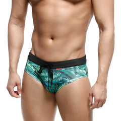 MetroMaleWear swim brief green jungle 4916-08 green tropical leaf patterned with black elastic waistband and drawstring