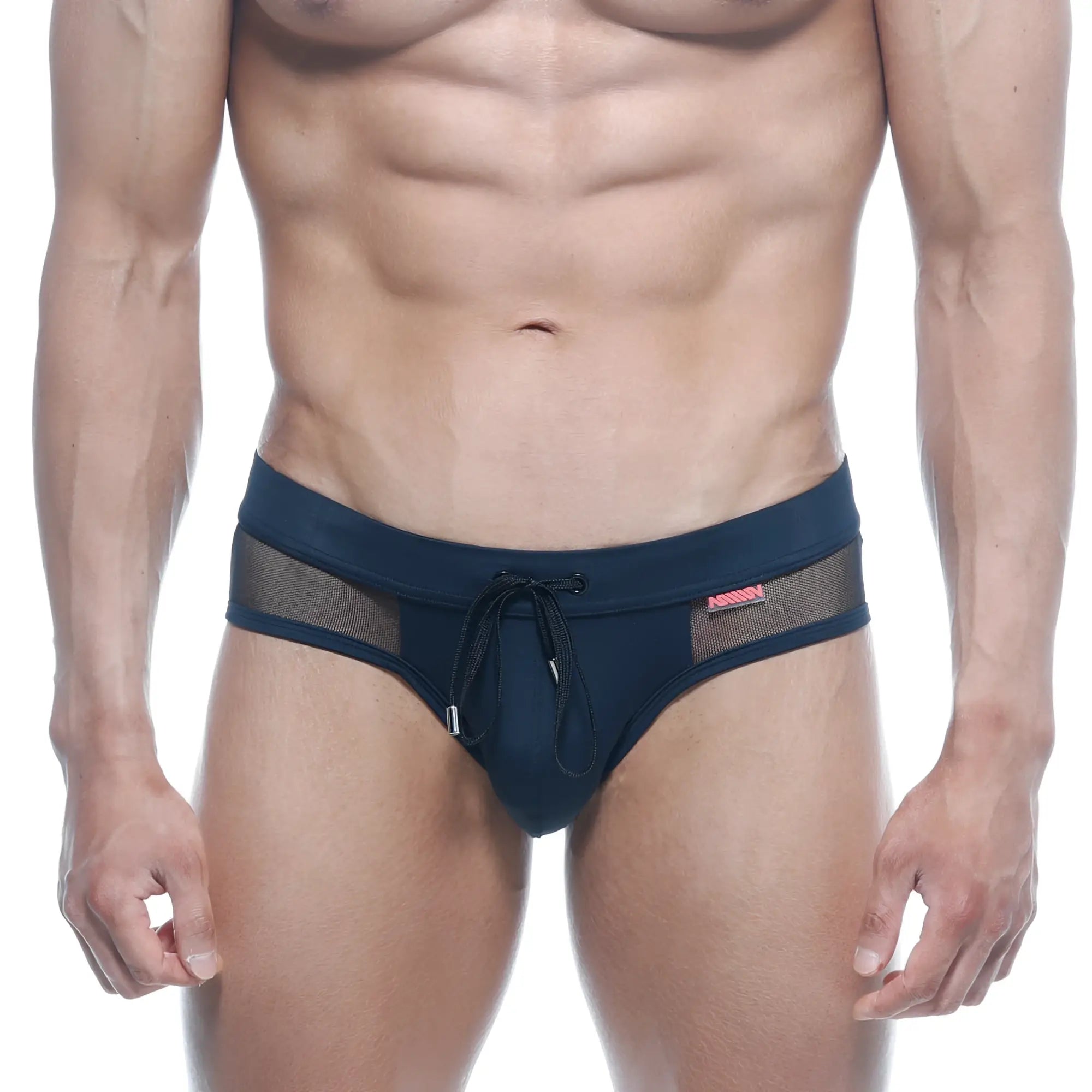 Navy blue metro male wear swim brief with mesh side panels and drawstring waistband for swimming