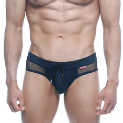 Navy blue metro male wear swim brief with mesh side panels and drawstring waistband for swimming