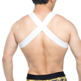White cross-back support strap harness worn over the shoulders from MetroMaleWear tank top harness 1500-00 back view