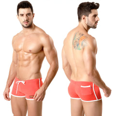 Red athletic terry swim trunks with white trim and side pocket from metromalewear model 4702-12