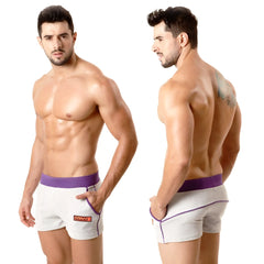 White terry sport shorts with purple waistband and trim and orange logo by metromalewear model 4701-10