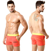 MetroMaleWear terry sport short orange 4701-14 vibrant coral swim trunks with yellow waistband and side trim