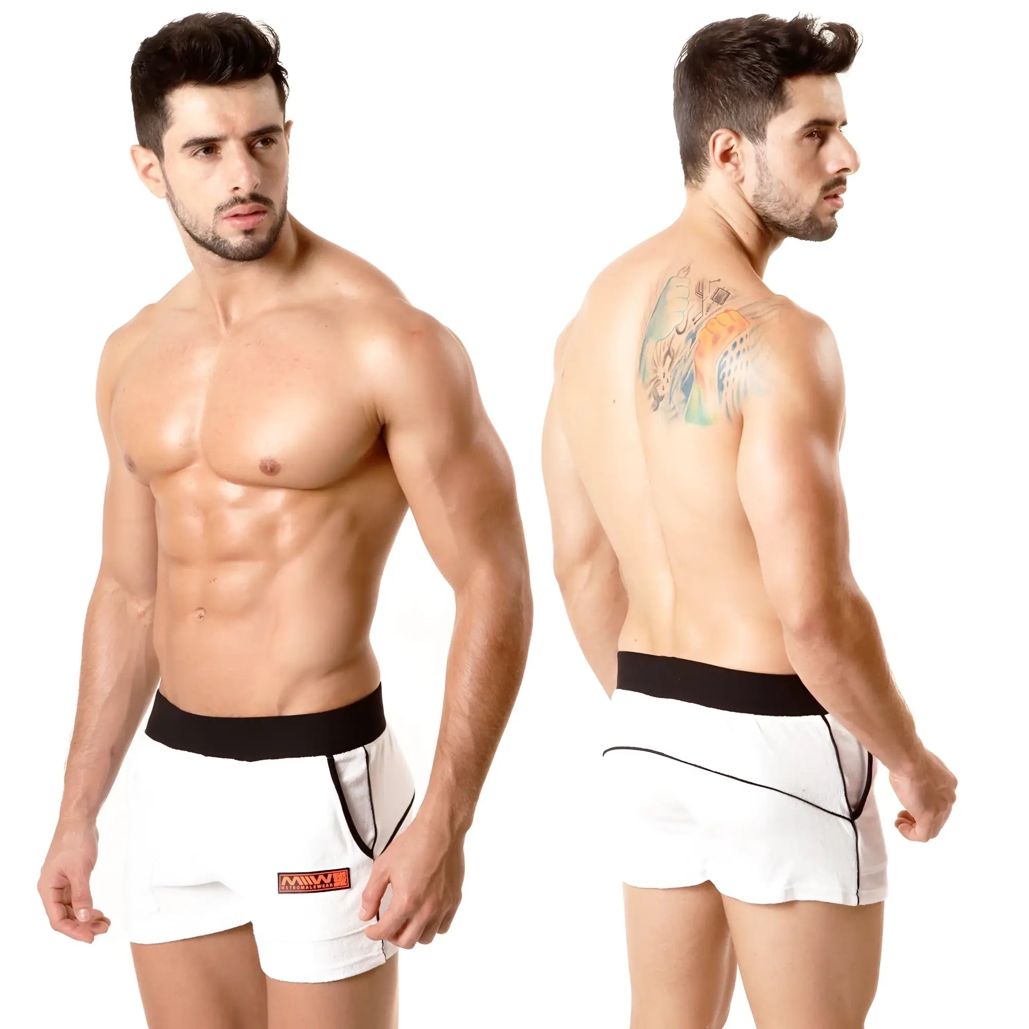 White athletic briefs metro malewear terry sport short with black waistband trim and orange logo on left leg