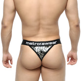 Black and silver zebra-print MetroMaleWear Tiger thong 2912-61 with branded waistband shown from the back side