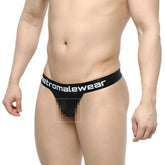 Black mesh thong with wide elastic waistband featuring metromalewear logo in white from MetroMaleWear time thong tull 2902-30